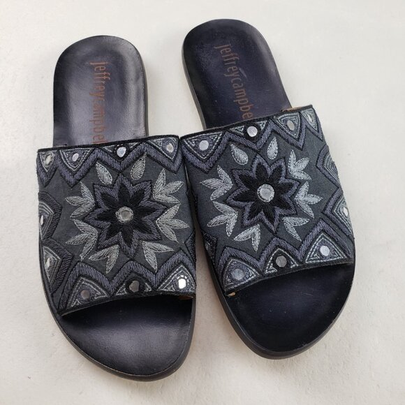 Jeffrey Campbell Embroidered Slide Sandal Womens 9 Black Leather Floral Slip On - Picture 1 of 13